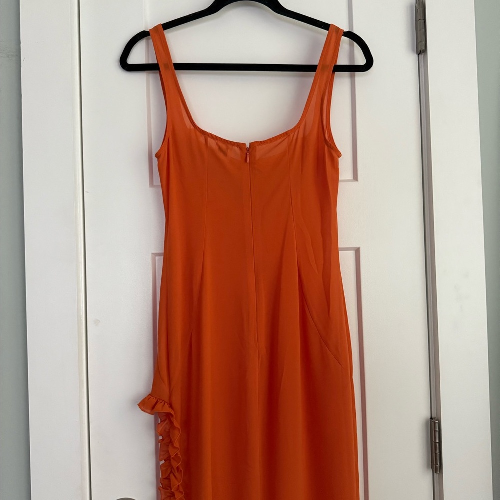 HELSA Sheer Ruffled Long Orange Dress - Picture 5 of 12